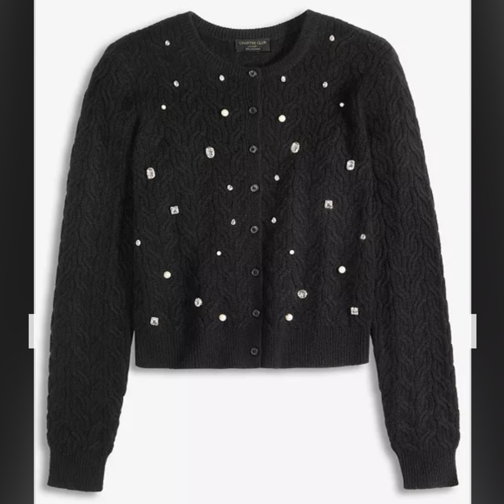 Charter Club 100% Cashmere Embellished Cable-Knit Cardigan in Black Size XL - Picture 6 of 7